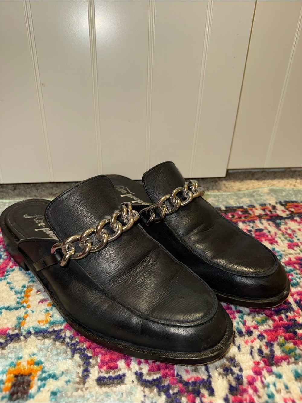 Free People Black Leather Chain-Trim Mules